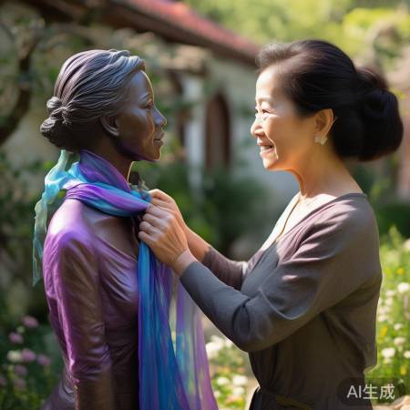 张纯如铜像感人瞬间:妈妈为女儿系上鸢尾丝巾